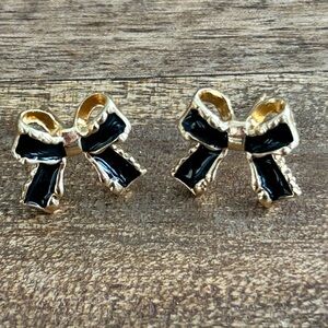 Gold Tone & Black Enamel Bow Earrings New